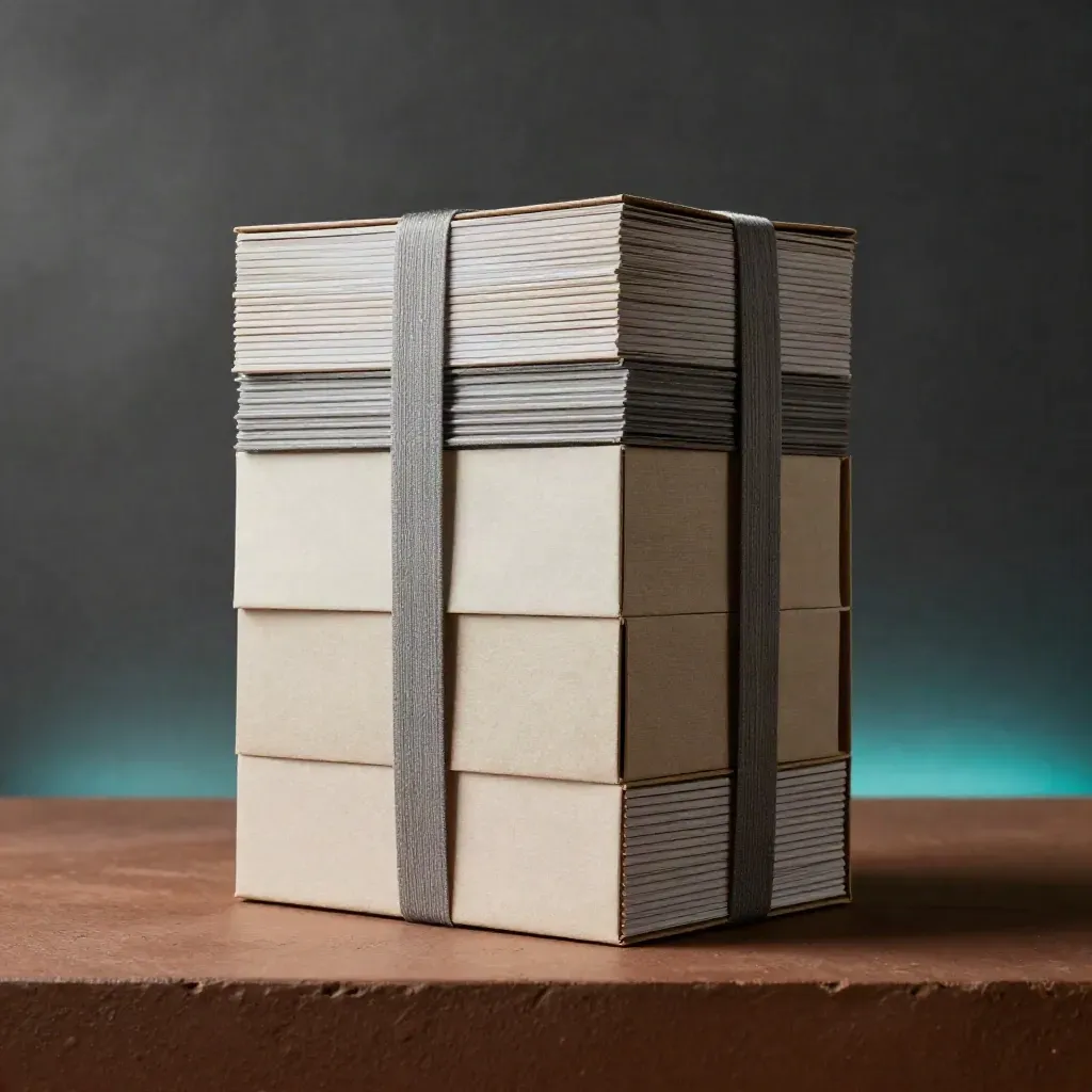 Three banded workflow packs in nested boxes on a clay plinth, lit against a dark gradient wall.