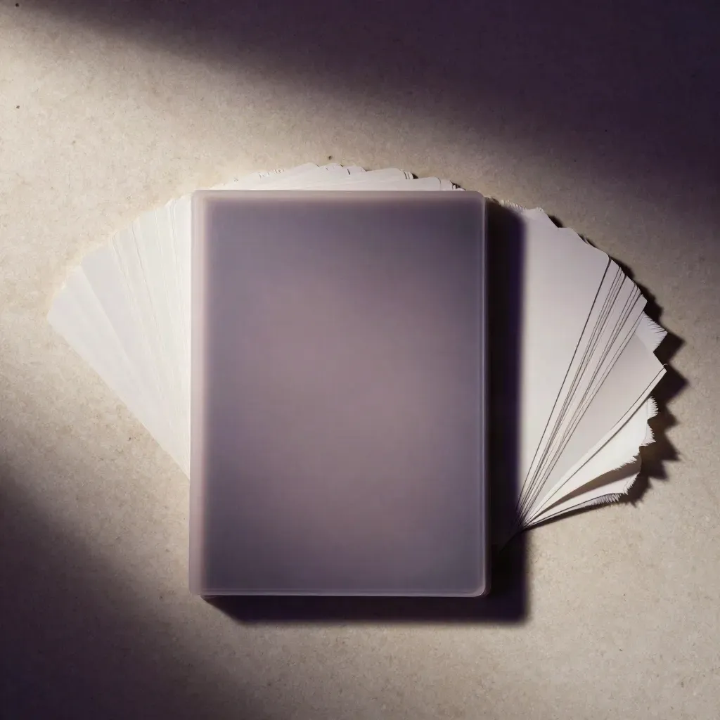 Top-down flatlay of a translucent caption pack with blank cards fanned on travertine.