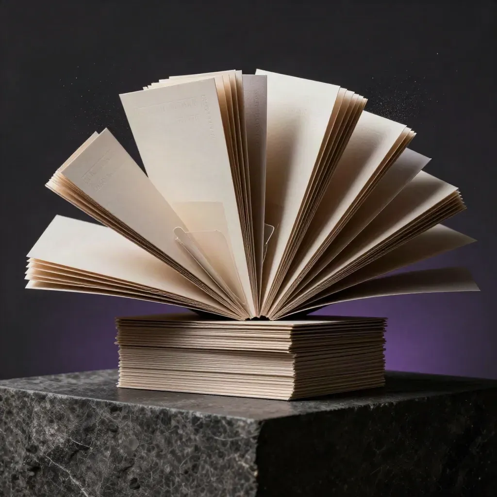 Dramatic macro of prompt card bundles bursting from a dark stone plinth with violet rim light