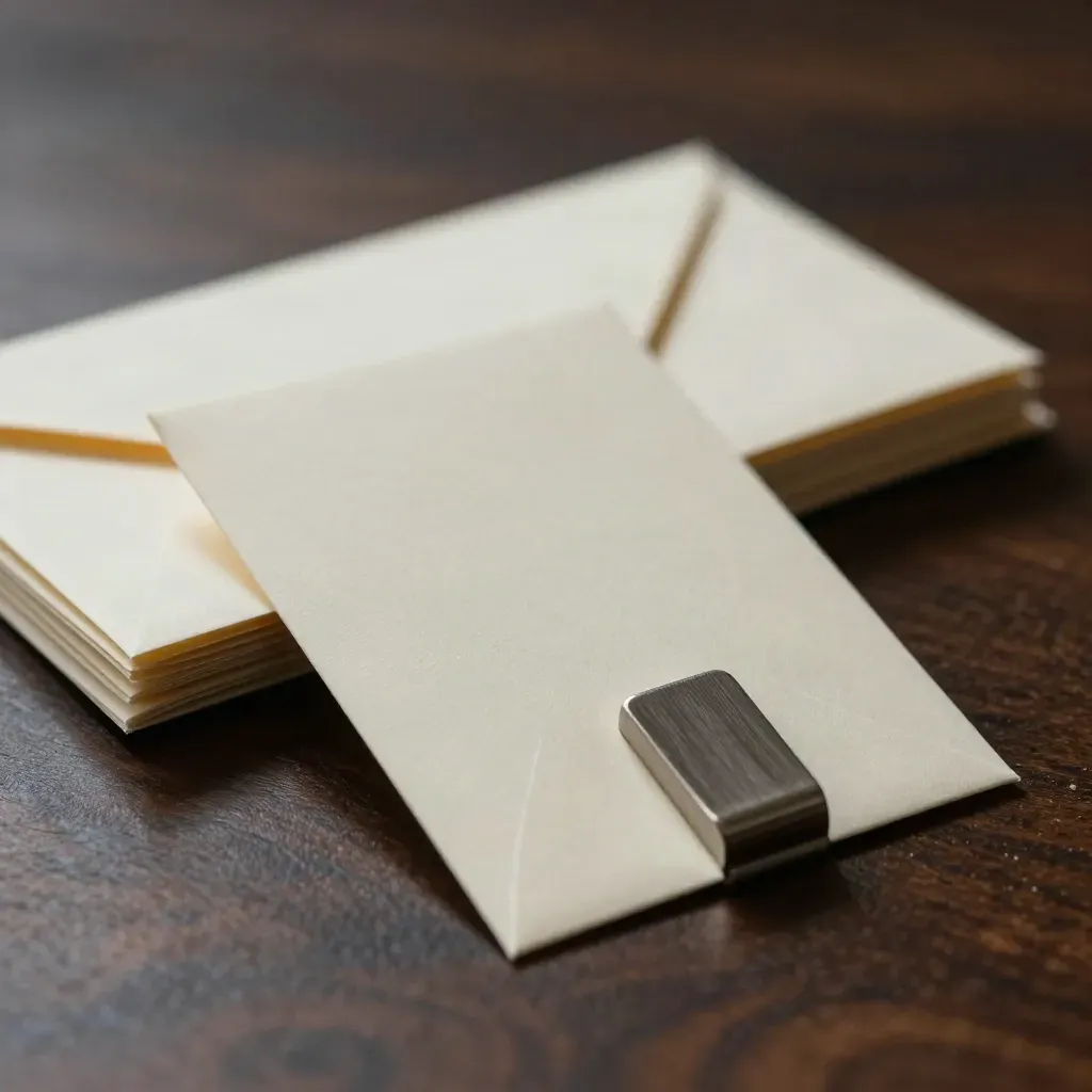 Macro of a blank email subject packet with tabs, rubber band, and brushed metal block