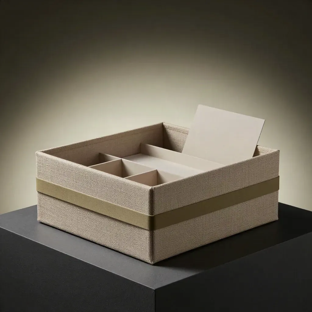 Luxury linen-wrapped brand voice guide box on a dark plinth, softly lit in studio.