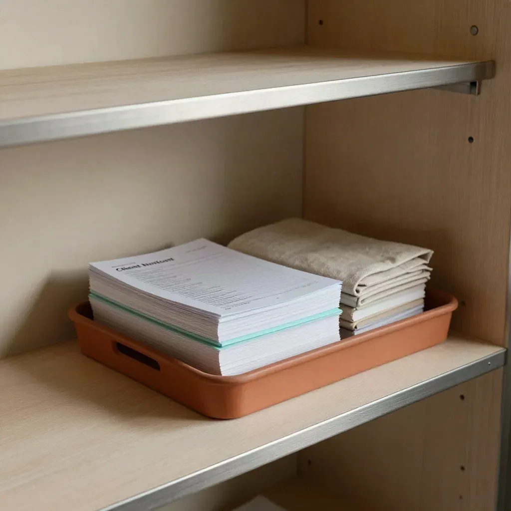 Cream tray of intake cards, dividers, and paper packets in a soft workshop corner