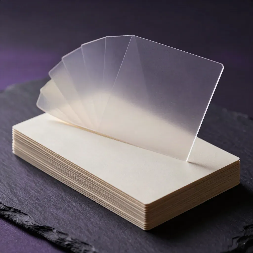 Ivory ad-copy starter cards arcing over dark slate with a faint violet glow.