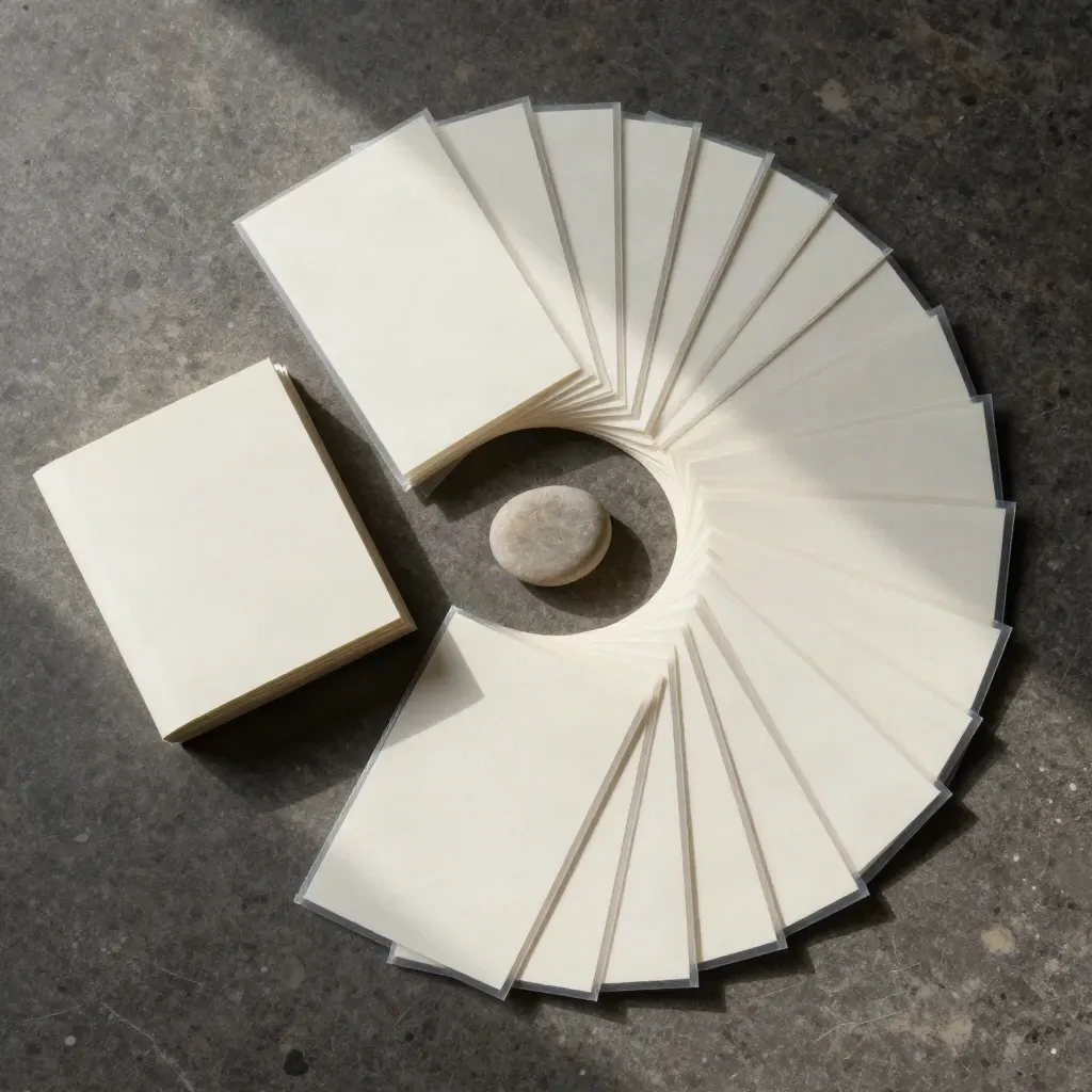 Overhead flatlay of blank research notes cards in translucent sleeves spiralling on stone