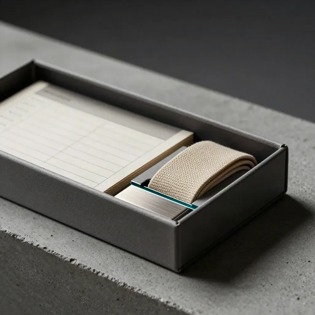 Macro of an unbranded launch checklist kit box opening with ordered cards and a canvas strap.