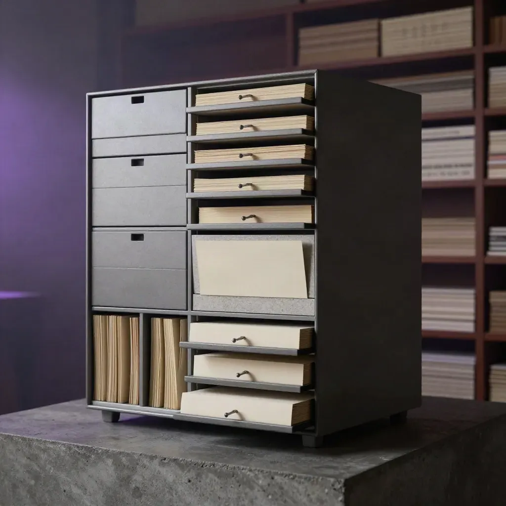 Stacked modular prompt drawers with blank cards on a dark concrete archive plinth.
