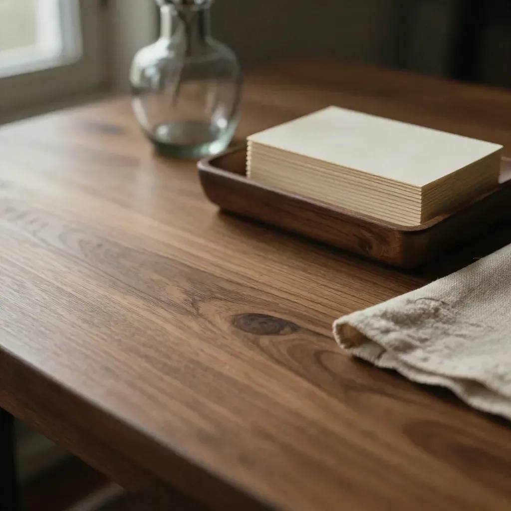 Walnut tabletop with a tray of workflow cards and a blurred glass vessel.