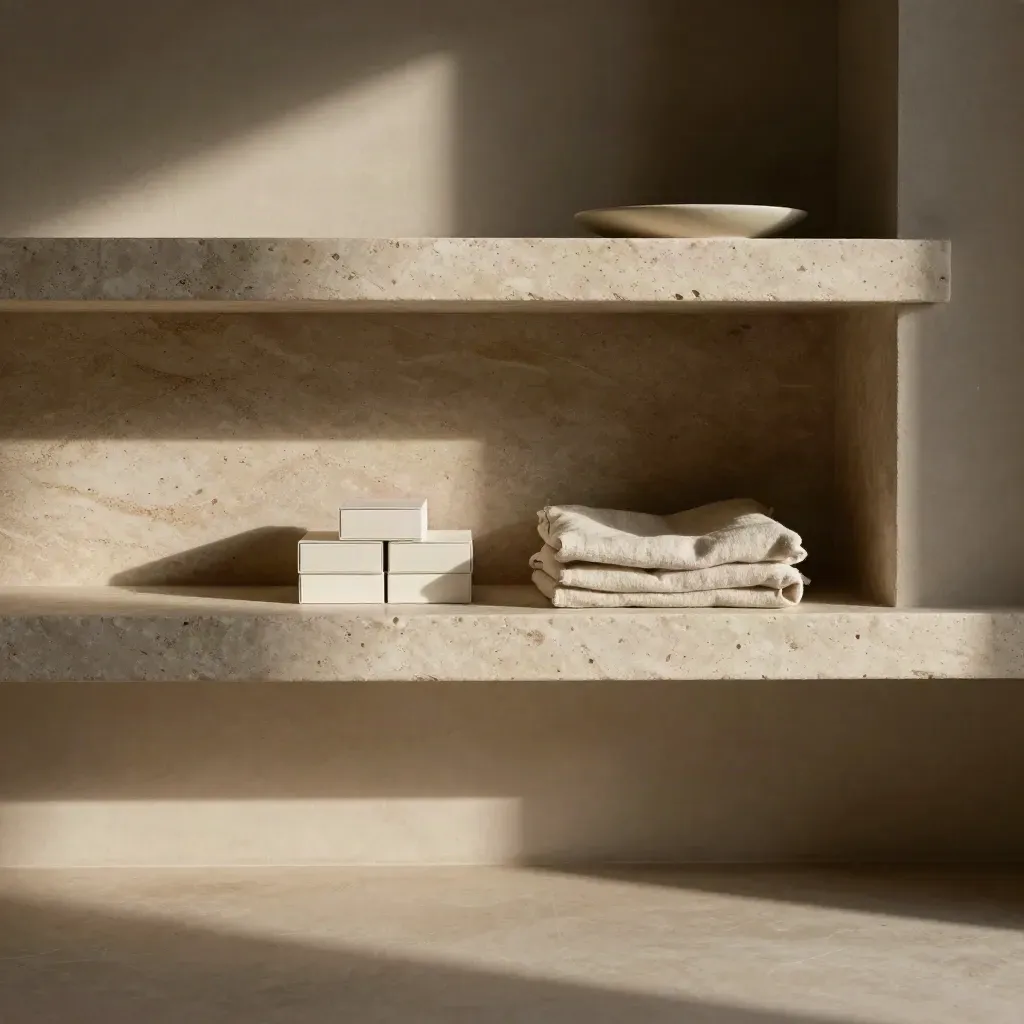 Travertine shelf niche with prompt boxes and folded linen in soft morning light