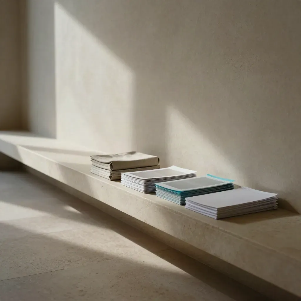 Sunlit stone corridor with stacked prompt packs high in frame and calm blurred floor below.