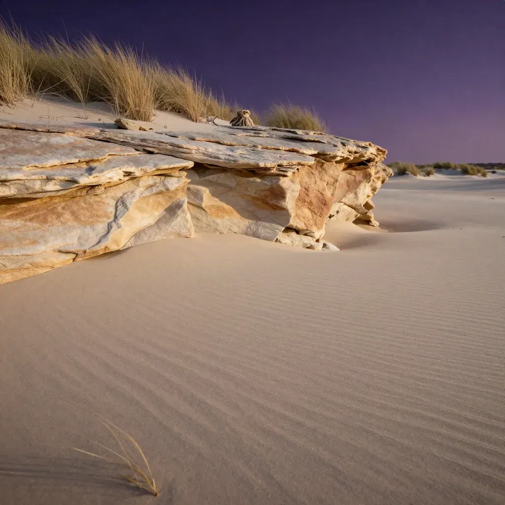 Sunlit sandstone terrace with dry grasses and a small bundle, open calm space below.