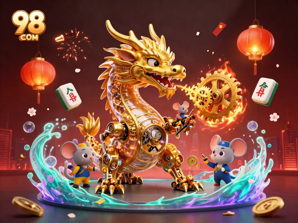 Immerse in the vibrant world of 98 WIN COM with a golden dragon and colorful casino elements.
