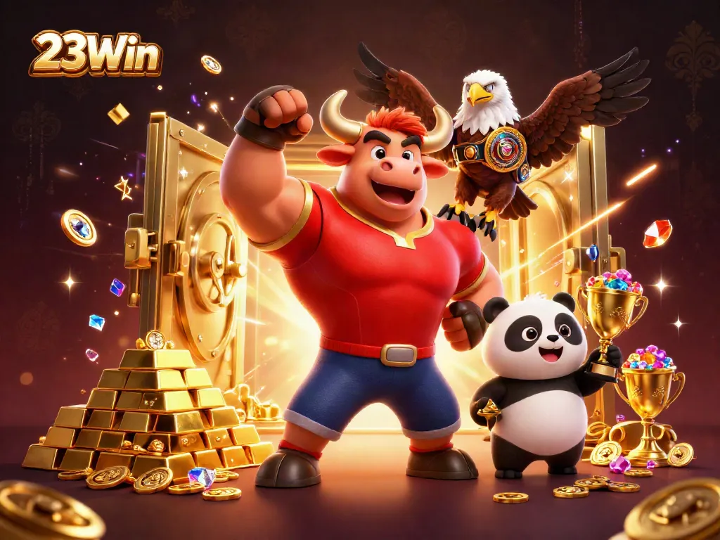 Win big with 23Win's dynamic casino scene featuring a bull, eagle, and panda.