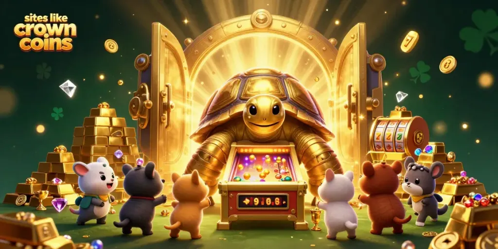 Discover exciting sites like Crown Coins with our rich 3D casino illustration capturing fun and treasure.