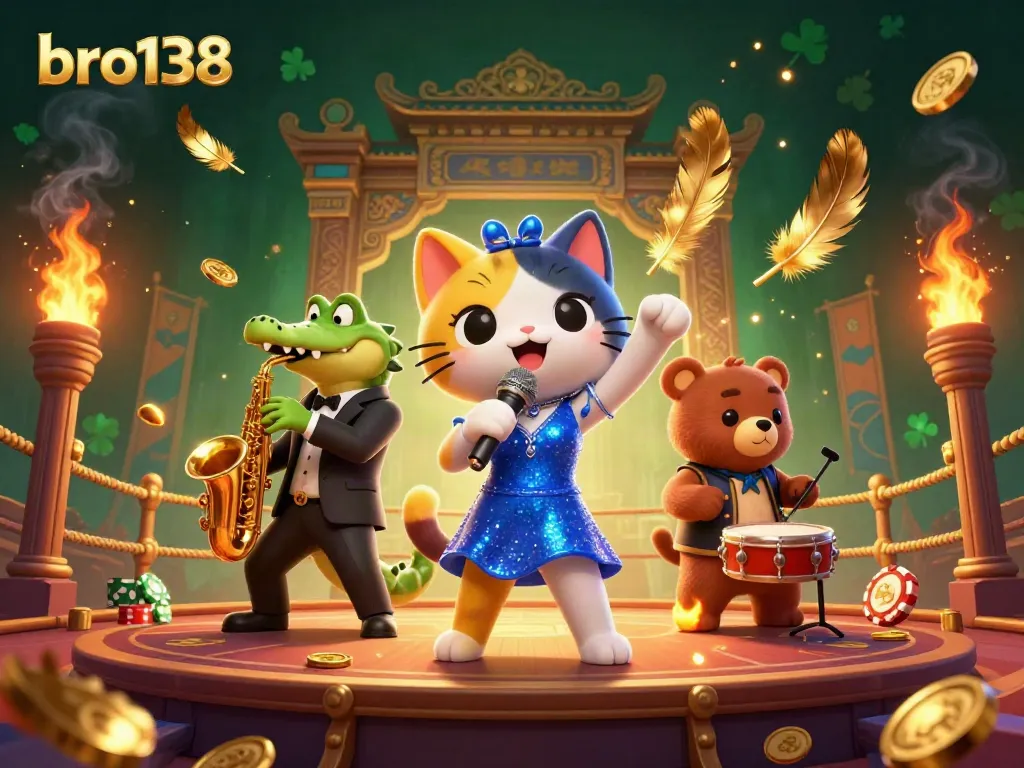 Experience lively performances at bro138 with jazz cat, crocodile, and bear entertaining in a dynamic casino scene.