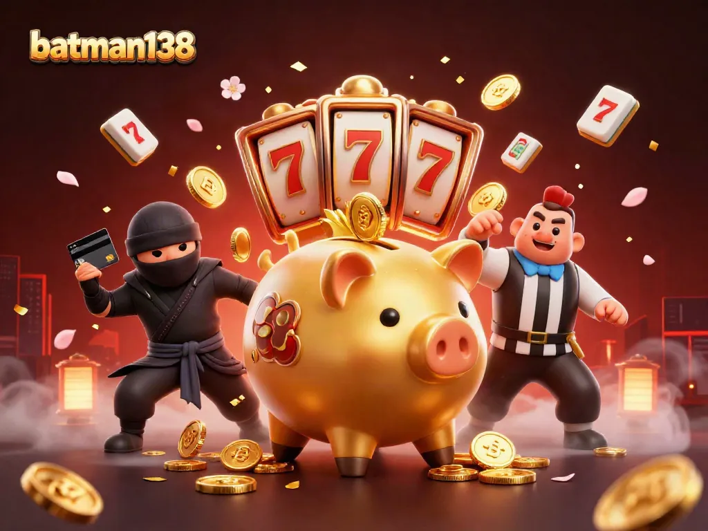 Experience thrilling gameplay with batman138, where a golden piggy bank sumo wrestler, wallet-ninja, and card-samurai create casino action!