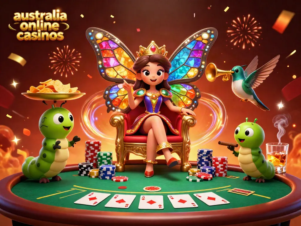 Experience the vibrant atmosphere of australia online casinos with a butterfly queen and poker scenes.