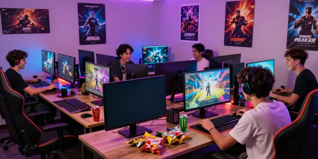 Friends enjoying a gaming session playing game online, showcasing vibrant atmosphere and modern setup.