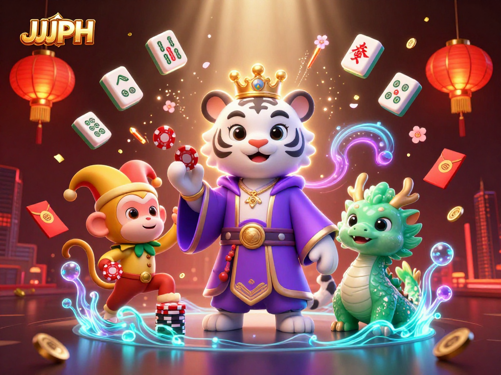 Engage with JJJPH's vibrant casino world featuring playful characters and rich gaming elements.