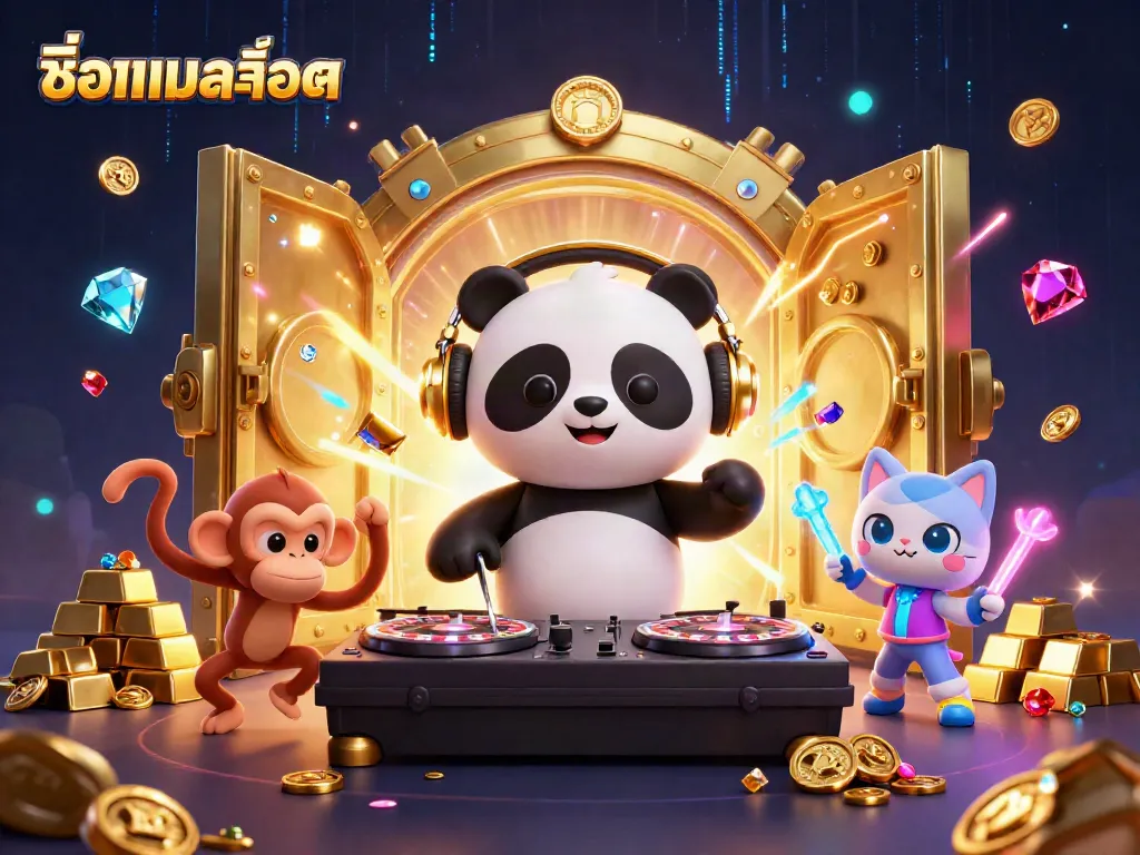 Experience the excitement of ชื่อเกมสล็อต through vibrant 3D characters celebrating around a treasure vault.