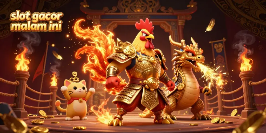 Experience the thrill of slot gacor malam ini with a vibrant 3D casino scene featuring a rooster warrior and dragon.