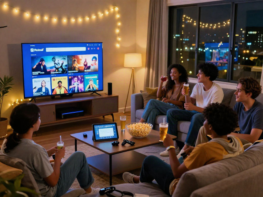 Friends enjoying a streaming night using Pikashow, lively living room ambiance.