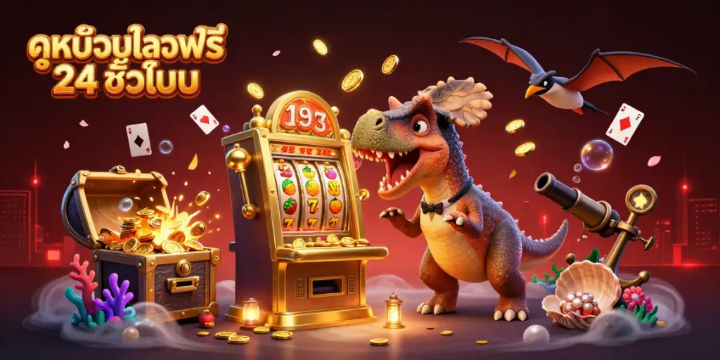 Experience the thrill of ดูหนังออนไลน์ฟรี 24 ชั่วโมง as a pachycephalosaurus wins jackpot coins from a slot machine in this vibrant casino scene.