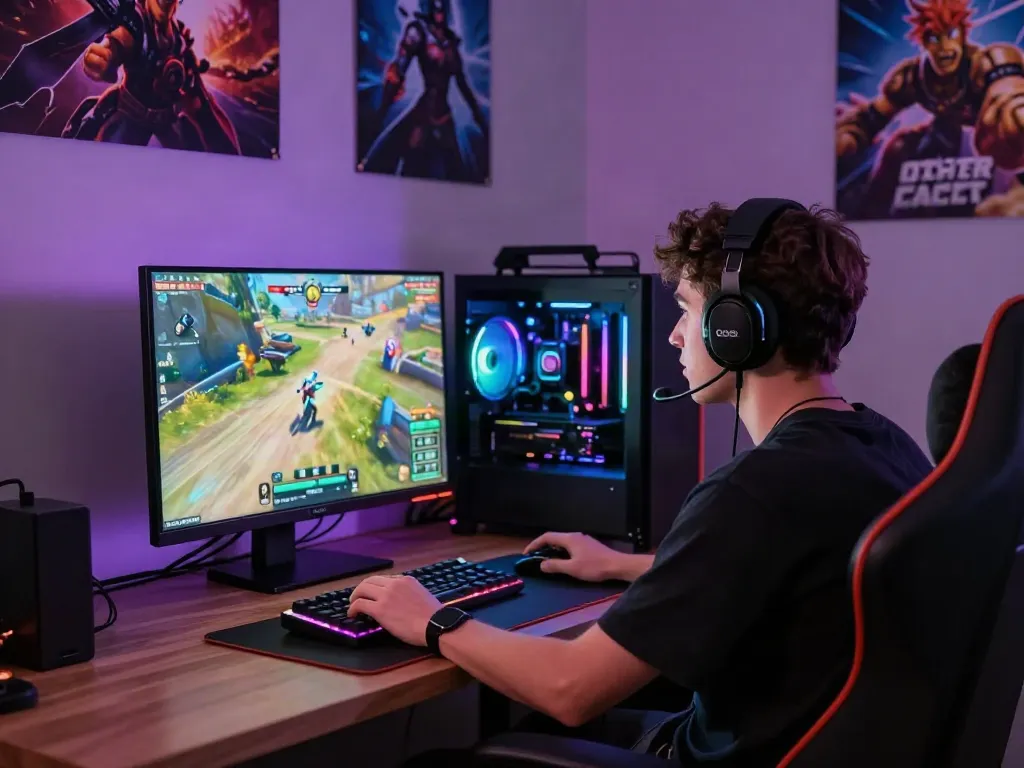 Pengguna Kanjengslot bermain game online dengan headset dan setup komputer gaming yang modern.