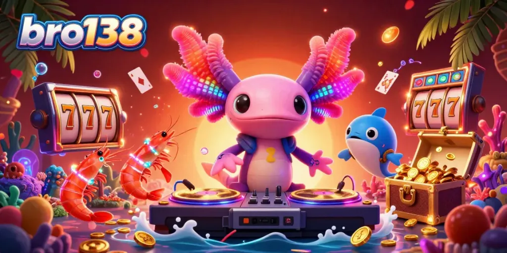 Spin the reels of bro138 with a vibrant underwater casino featuring an axolotl DJ and treasure-filled scenes.