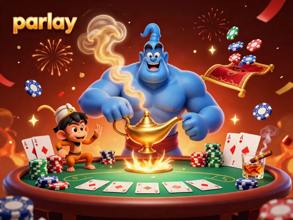 Experience thrilling parlay moments with a vibrant 3D illustration of a genie and magic carpet amidst casino excitement.