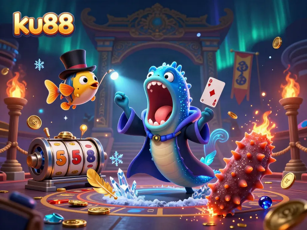 ku88 showcases thrilling slot games with a vibrant undersea performance featuring cartoon eel and anglerfish