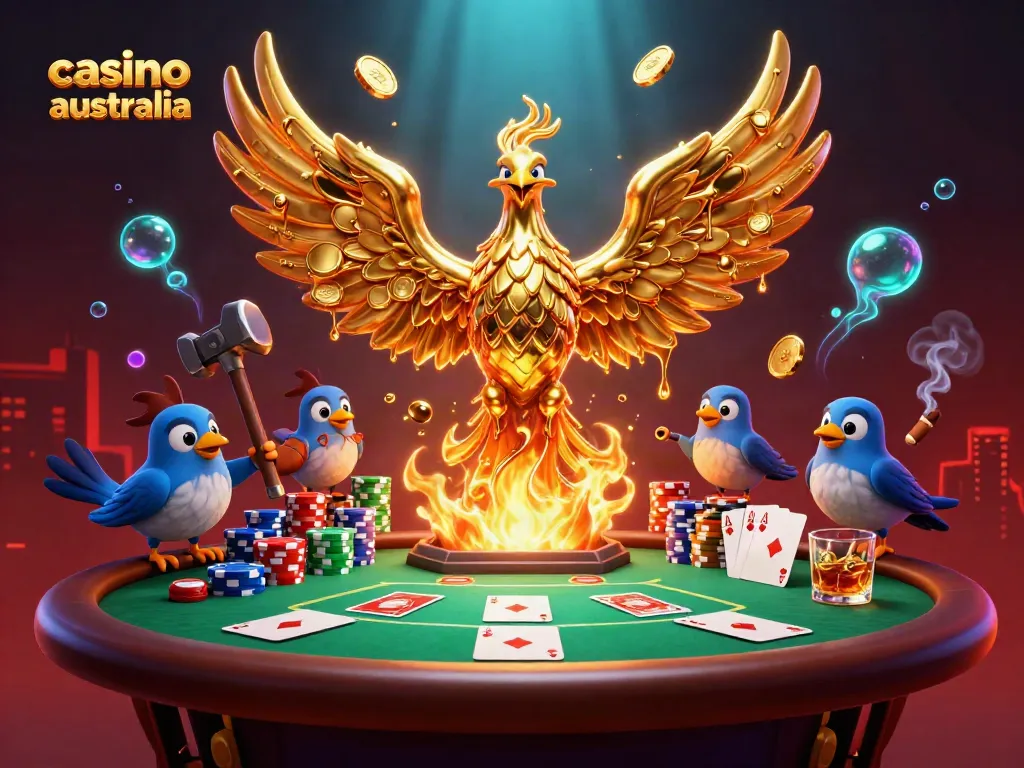 Showcase of casino australia with molten gold phoenix and poker scene elements.
