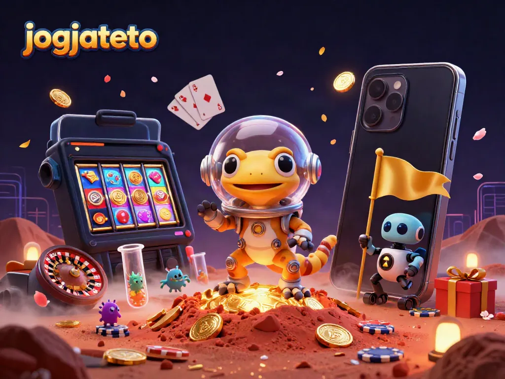 Experience the thrill of jogjatoto with a vibrant 3D scene showcasing a Martian gecko at a golden casino.