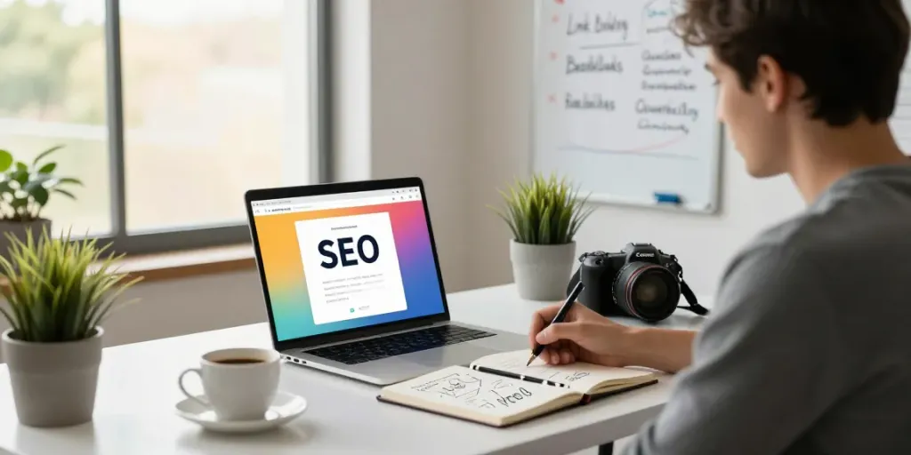 Marketer researching guest post backlinks from relevant websites in a modern workspace.