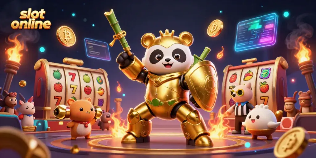 Spin the reels in this vibrant slot online arena with a mecha panda and cryptocurrency elements.