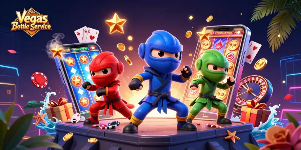 Engage in Las Vegas Bottle Service with a vibrant scene of ninja chameleons amidst dazzling casino elements.