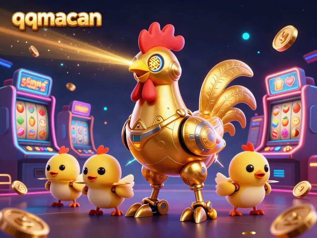 Engage with qqmacan's casino experience featuring a golden rooster robot and vibrant game elements.