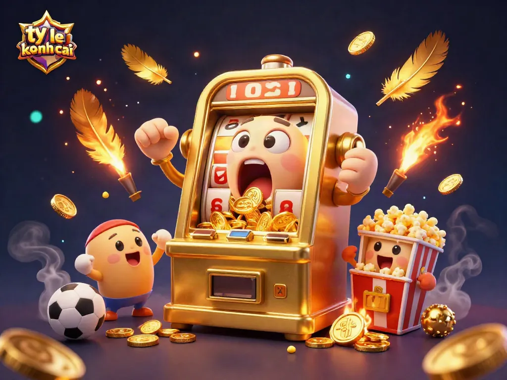 Engage with ty le keo nha cai as a joyful golden slot machine hits the jackpot, releasing coins.