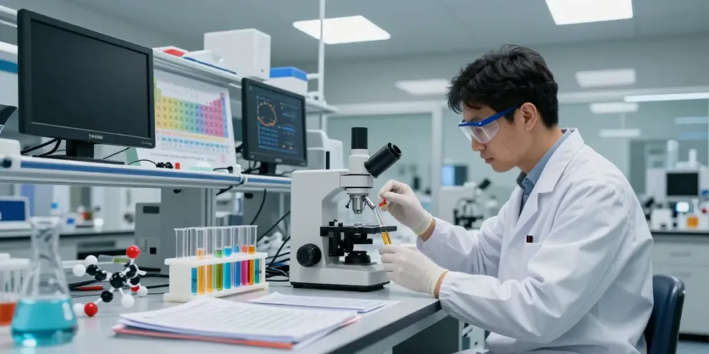 Ion analysis in a laboratory showing colorful reactions and research materials.