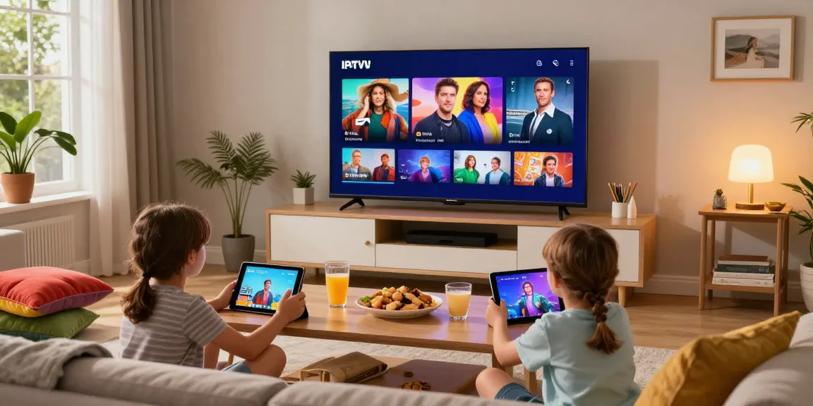 Gezin geniet van Nederlandse IPTV in een gezellige woonkamer, met een grote smart-tv en snacks.
