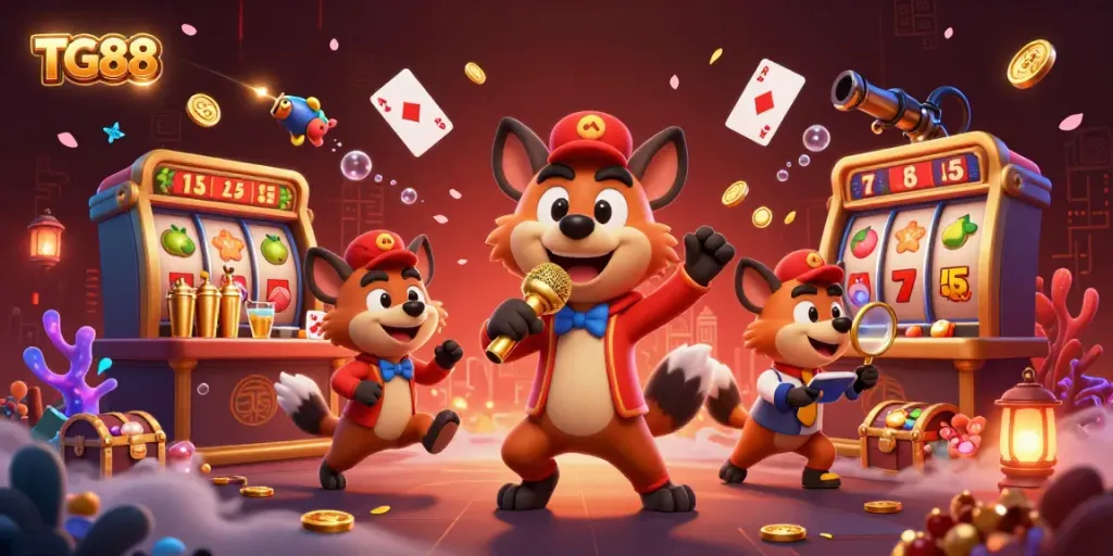 Engage in the fun at TG88 with hyenas running a vibrant casino club filled with excitement and games.