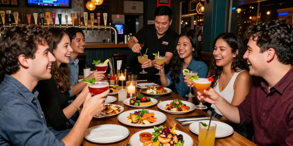 Suasana meriah di The Keg Room NYC, dengan teman-teman menikmati makanan dan minuman, menciptakan pengalaman bersantap yang hangat.