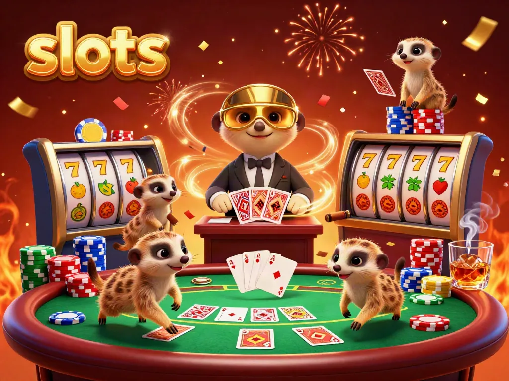 Meerkats enjoying slots with vibrant casino elements in a bustling atmosphere.