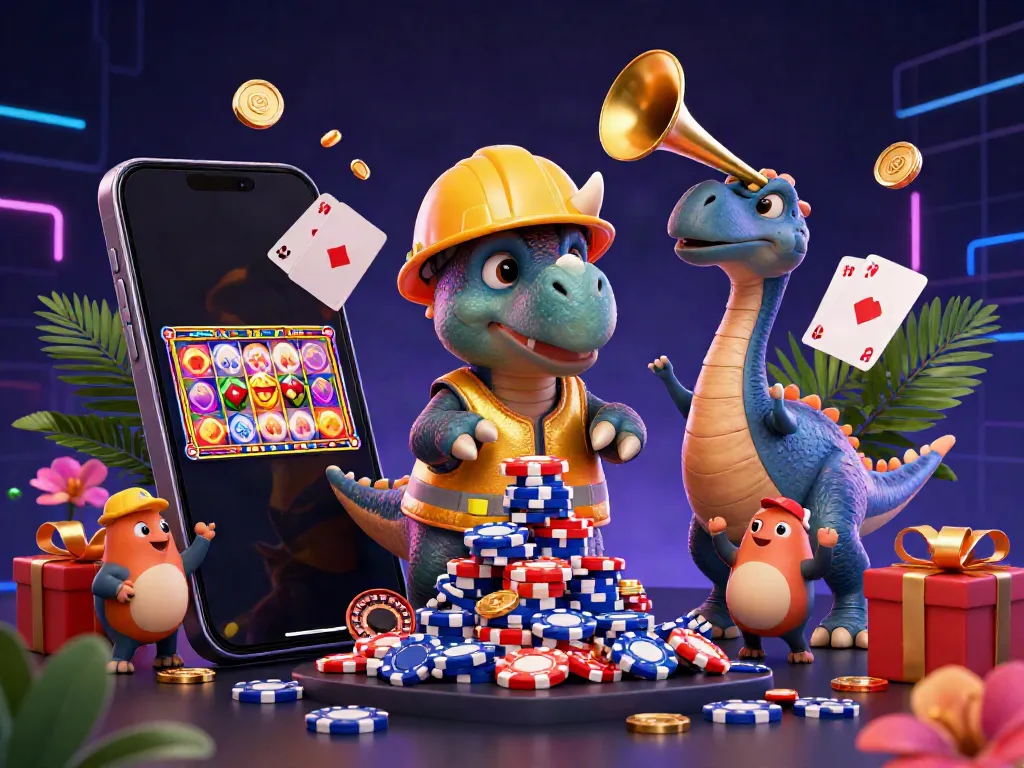 Experience exciting wins with Ledak388 as a triceratops builds a poker chip pyramid amidst vibrant casino elements.