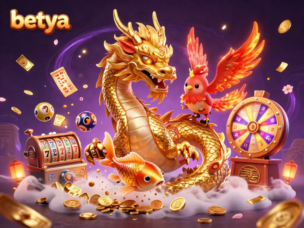 Experience thrilling gaming at Betya with a fierce dragon, a phoenix, and a koi fish amidst vibrant casino elements.