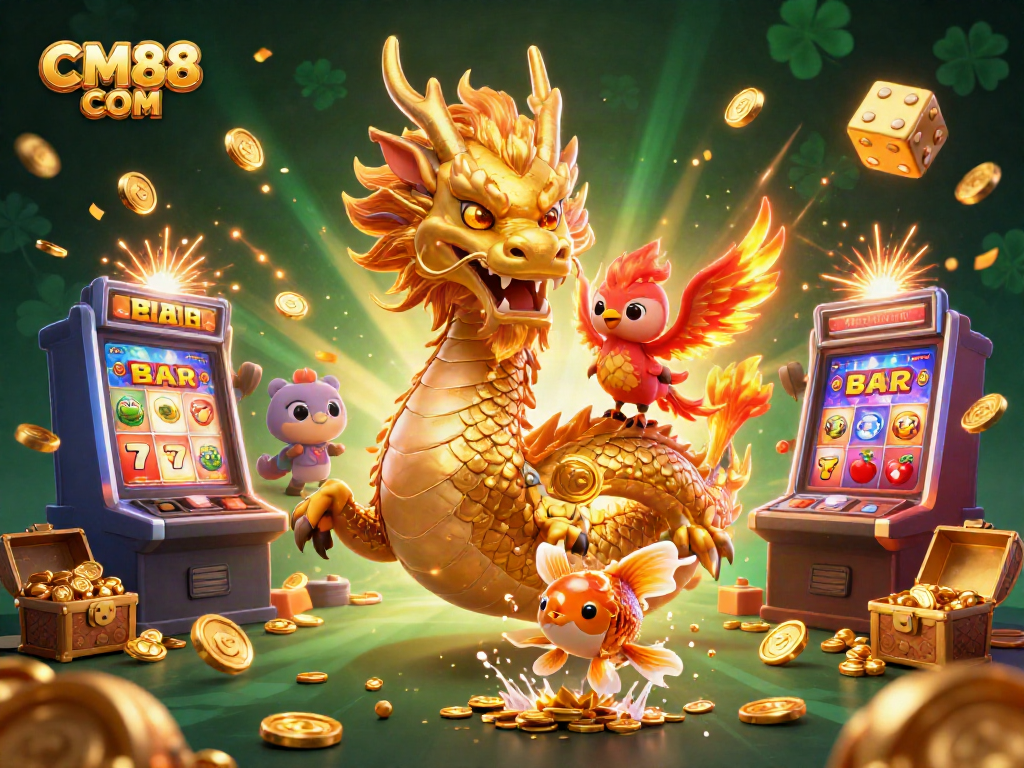 Engage with thrilling games at CM88 COM, showcasing a dynamic casino scene with a dragon, phoenix, and koi fish.