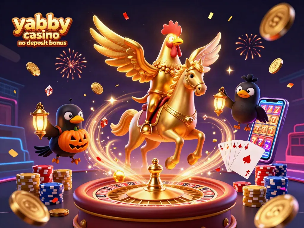 Win with the yabby casino no deposit bonus featuring a golden rooster in an extravagant casino scene.
