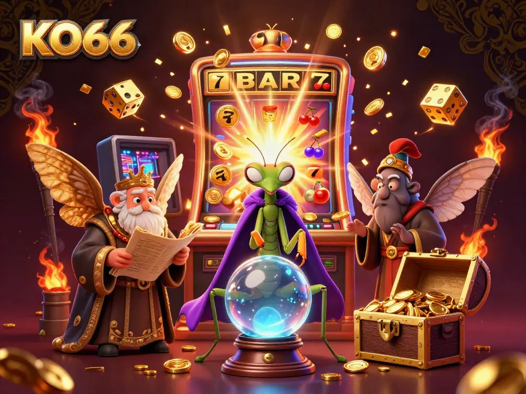 Win big with KO66 at this exciting online casino featuring a vibrant scene of games and characters.