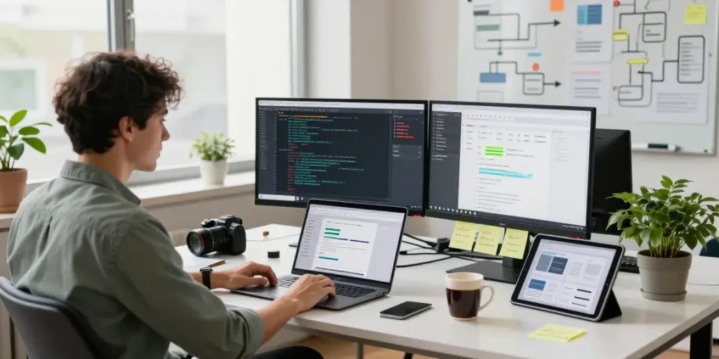 Developer working on mvp development service in a vibrant office.