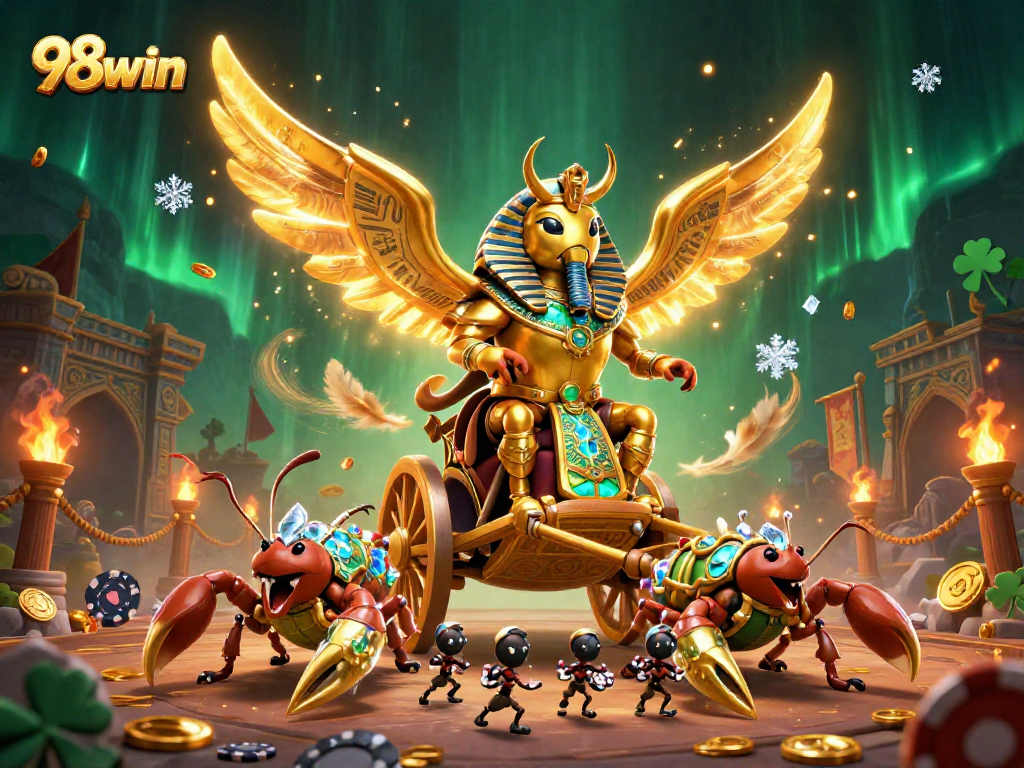 Engage in thrilling 98win gameplay amidst a dynamic casino atmosphere filled with golden coins and vibrant characters.