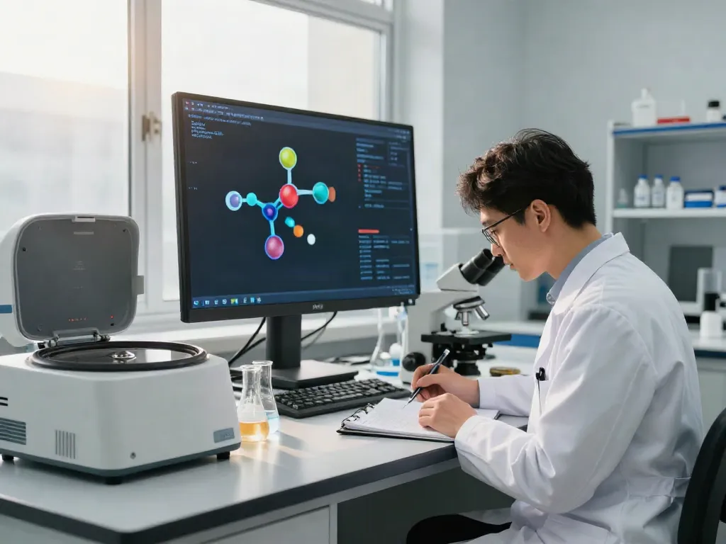 Researcher analyzing FOXO4-DRI peptide in a modern lab environment.